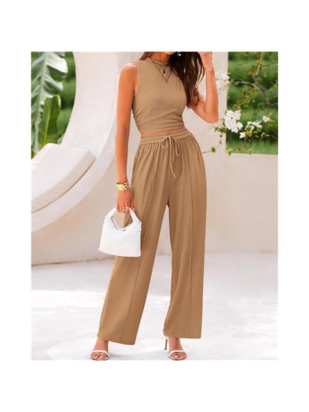 Women's Summer 2 Piece Outfits Crew Neck Cropped Top Wide Leg Pants Loun… - Picture 2 of 7